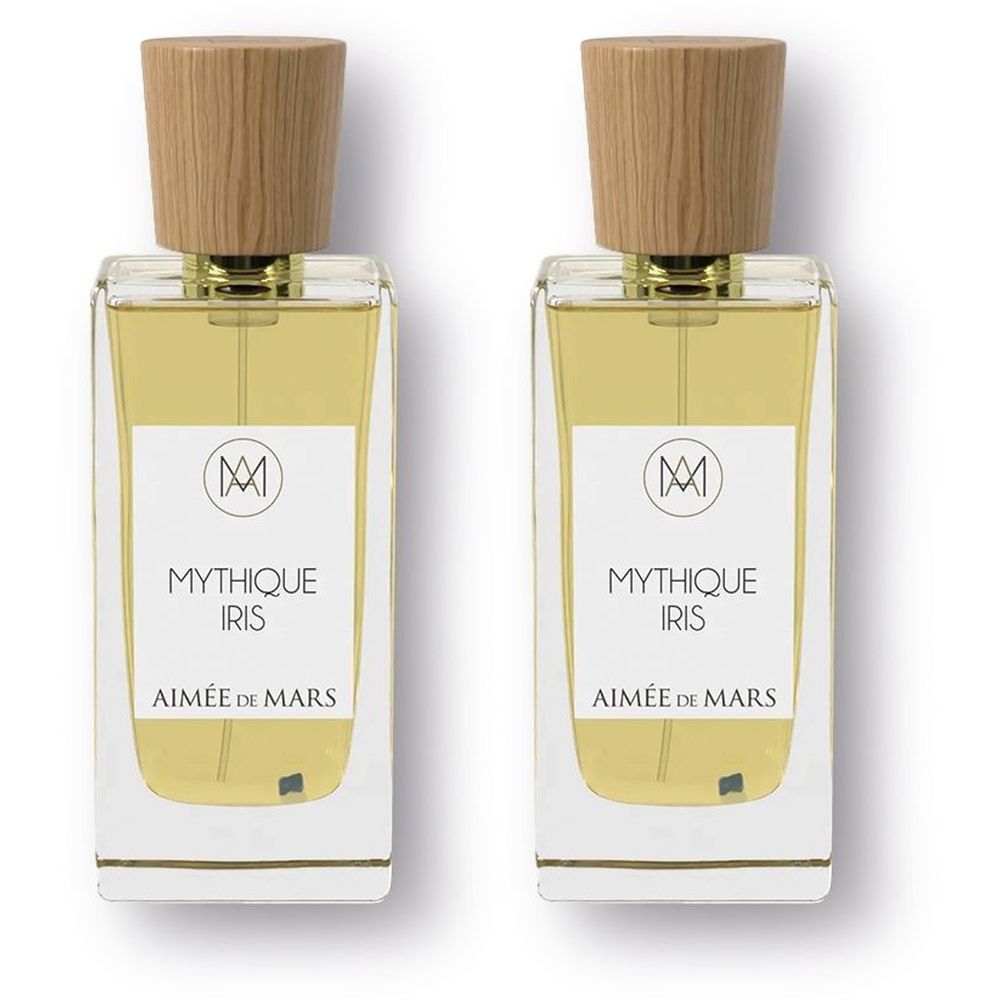 Deux flacons de parfum rectangulaires avec bouchons en bois. L'étiquette indique "Mythique Iris" et "Aimée de Mars".