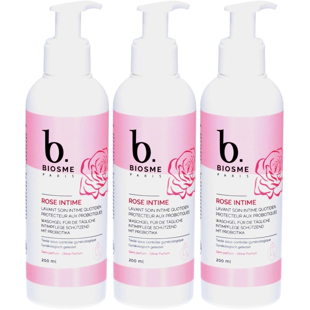 Trois flacons blancs avec des étiquettes roses. Sur les étiquettes, on lit "b. BIOSME PARIS ROSE INTIME". Chaque flacon a un distributeur.