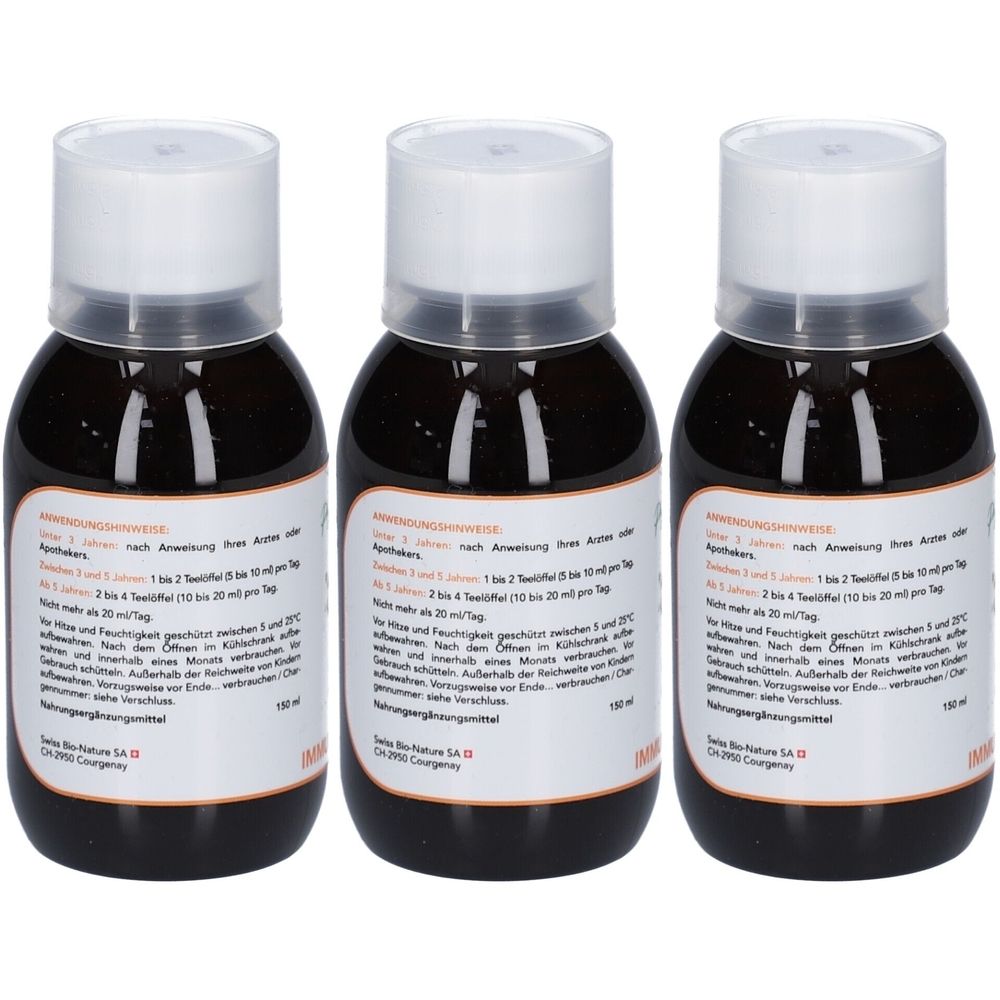 Drei Flaschen mit brauner Flüssigkeit und weißen Deckeln. Etiketten mit Text. 150 ml. Swiss Bio-Natura SA.