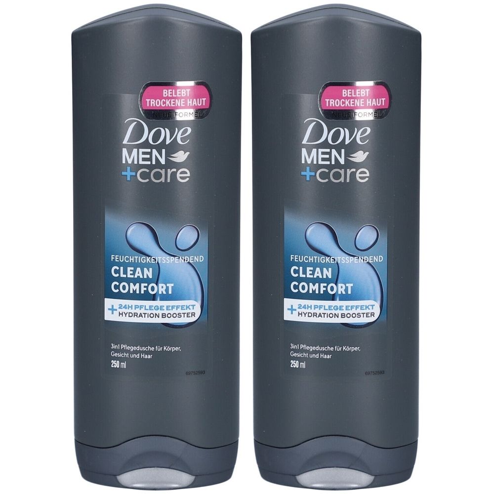 Deux flacons gris Dove MEN+CARE Clean Comfort. Inscription : Hydratant, 3 en 1 pour corps, visage et cheveux. 250 ml.