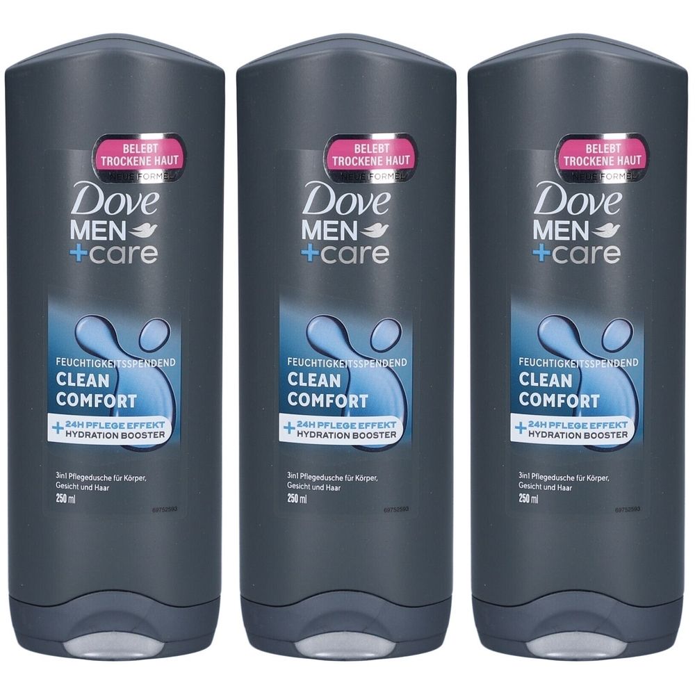 Trois flacons de gel douche Dove MEN+CARE. Flacons gris foncé avec texte bleu et blanc. Texte: Clean Comfort, 3en1.