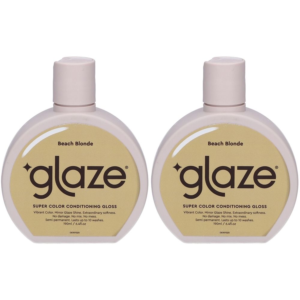 Deux flacons avec bouchons crème. Inscription 'glaze' et 'Beach Blonde'. Texte: Super Color Conditioning Gloss.