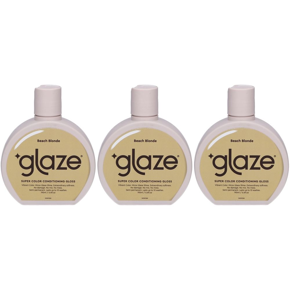 Trois flacons Glaze Supergloss Beach Blonde. Forme ronde, bouchon crème, étiquette jaune avec texte.