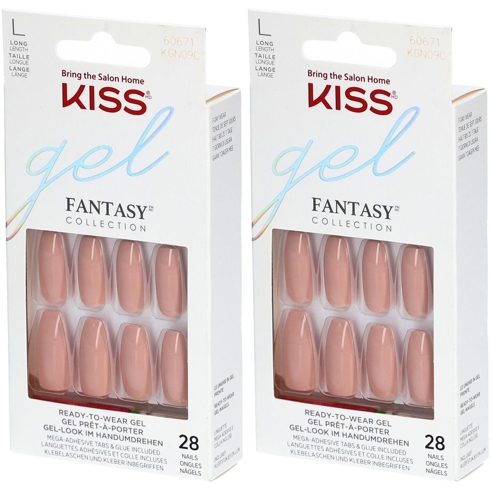 Zwei Packungen KISS Gel Fantasy Nägel. Jede Packung enthält 28 Nägel in einem hellen Rosaton. Die Verpackung zeigt den Markennamen und Produktbezeichnung.