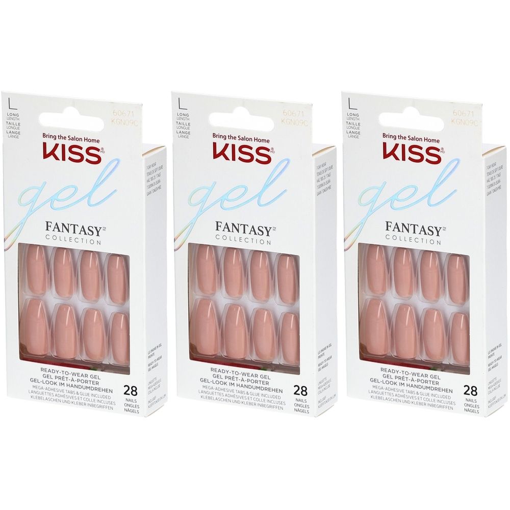 Drei Packungen Kunstnägel. Jede Packung enthält 28 Nägel in einem rosafarbenen Farbton. Marke: KISS Gel Fantasy.