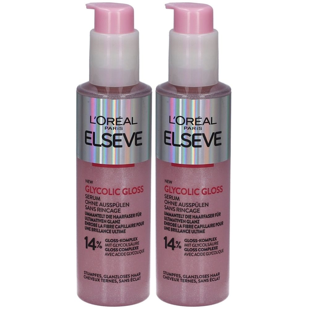Zwei Flaschen Serum mit rosa Flüssigkeit und Pumpaufsatz. Aufschrift: L'Oréal Paris Elseve Glycolic Gloss. Ohne Ausspülen.