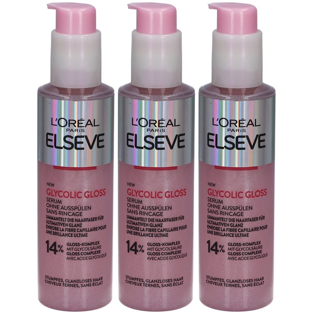 Drei Flaschen Serum. Rosa Flüssigkeit in durchsichtigen Flaschen mit rosa Pumpaufsatz. Schriftzug: L'Oréal Paris Elseve Glycolic Gloss.