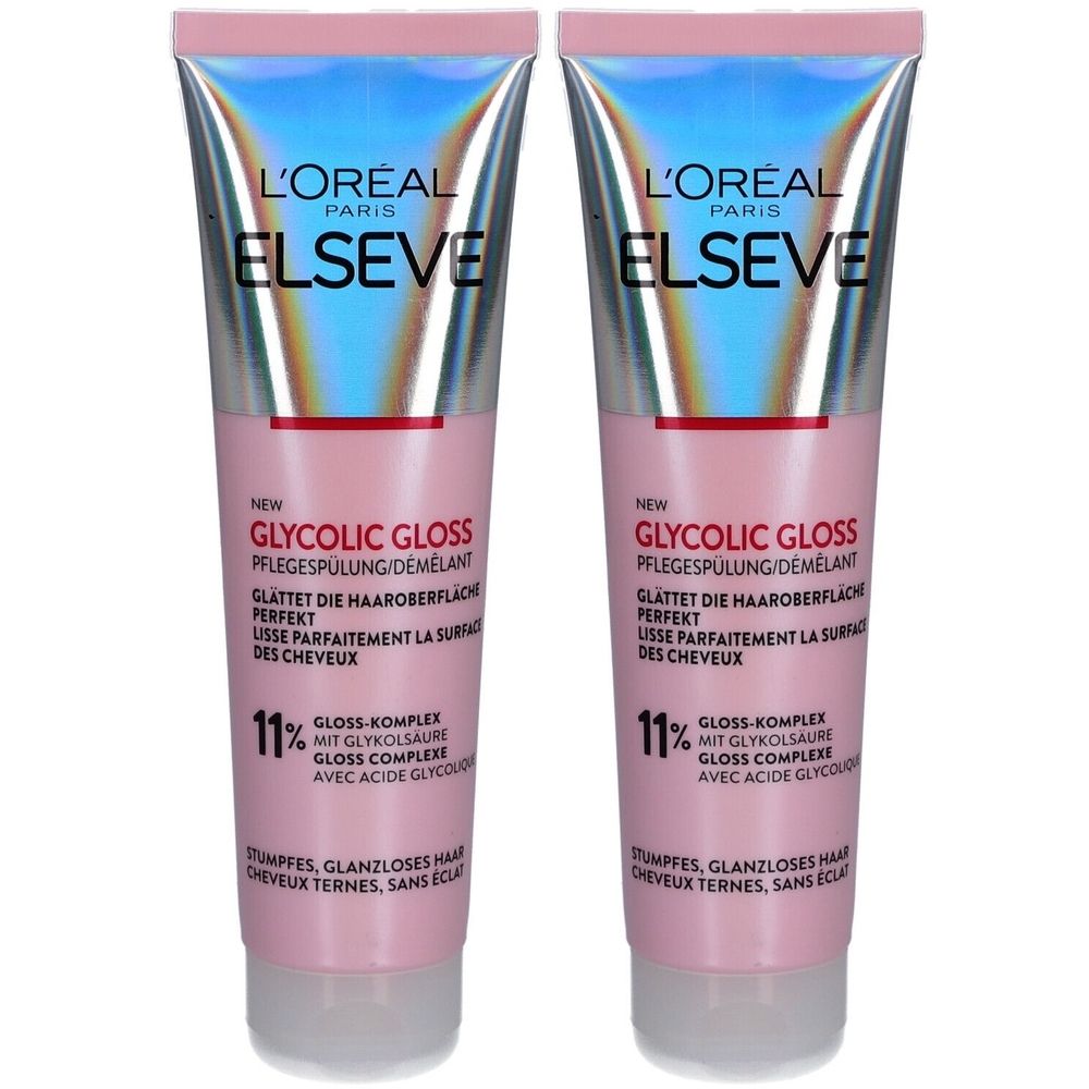 Zwei Tuben L'Oréal Paris Elseve Glycolic Gloss Conditioner. Rosa-silberne Verpackung. Text: Glycolic Gloss, 11% Gloss-Komplex.