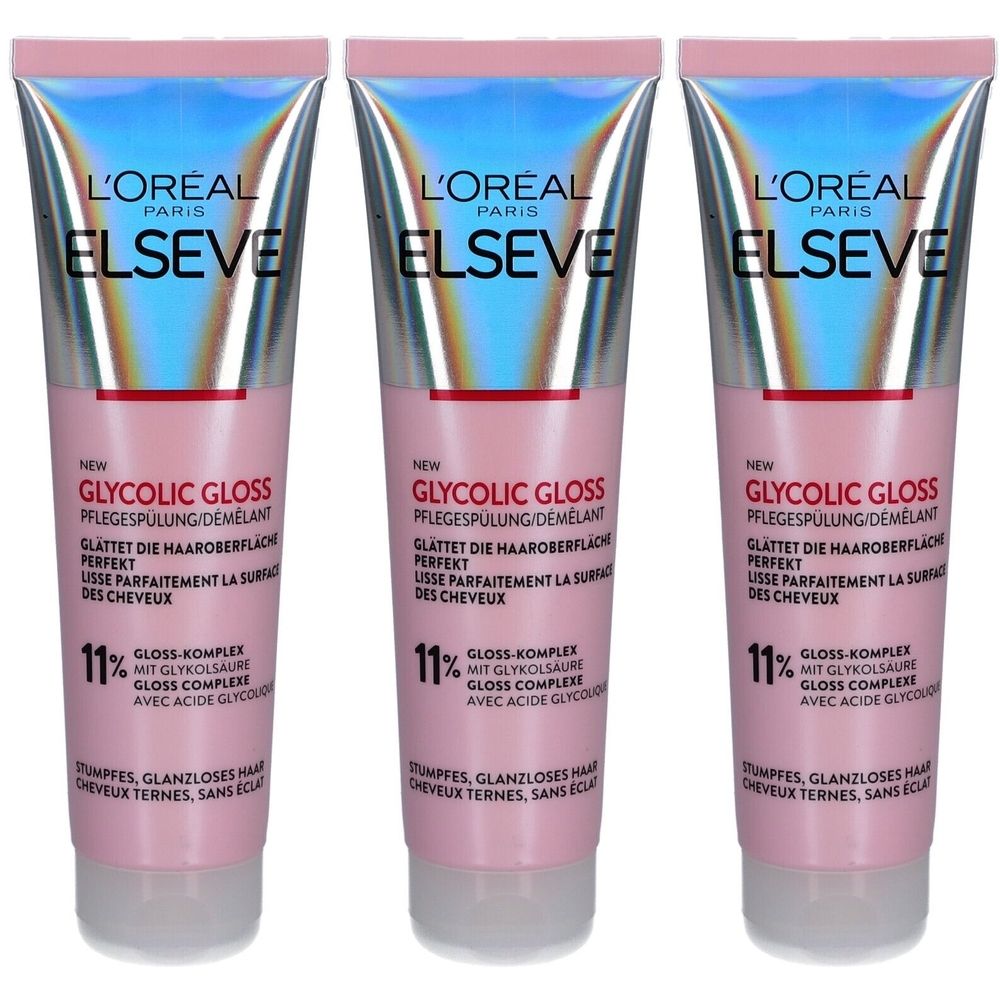 Drei Tuben L'Oréal Paris Elseve Glycolic Gloss Conditioner. Rosa-weißes Design mit Produktinformationen und Logo.