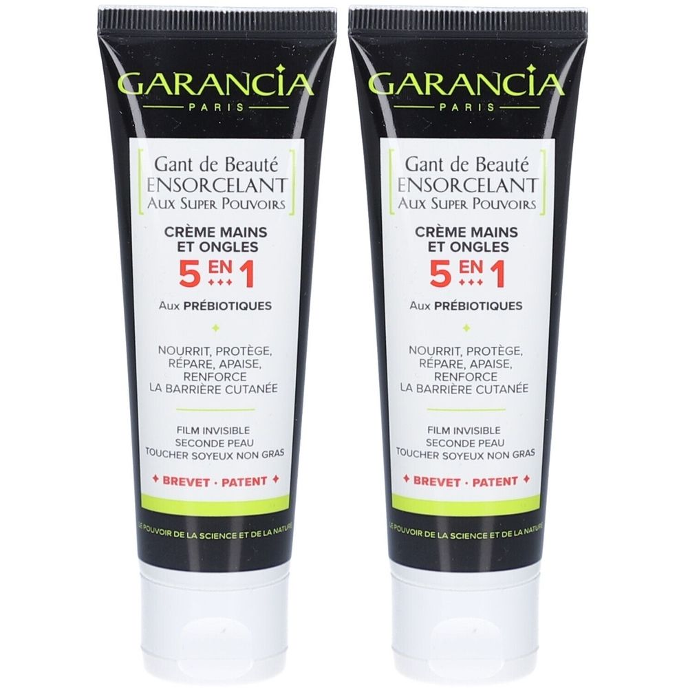 Deux tubes de crème mains et ongles. Bouchon noir, corps blanc. Inscription: GARANCIA, Crème Mains et Ongles 5 en 1.