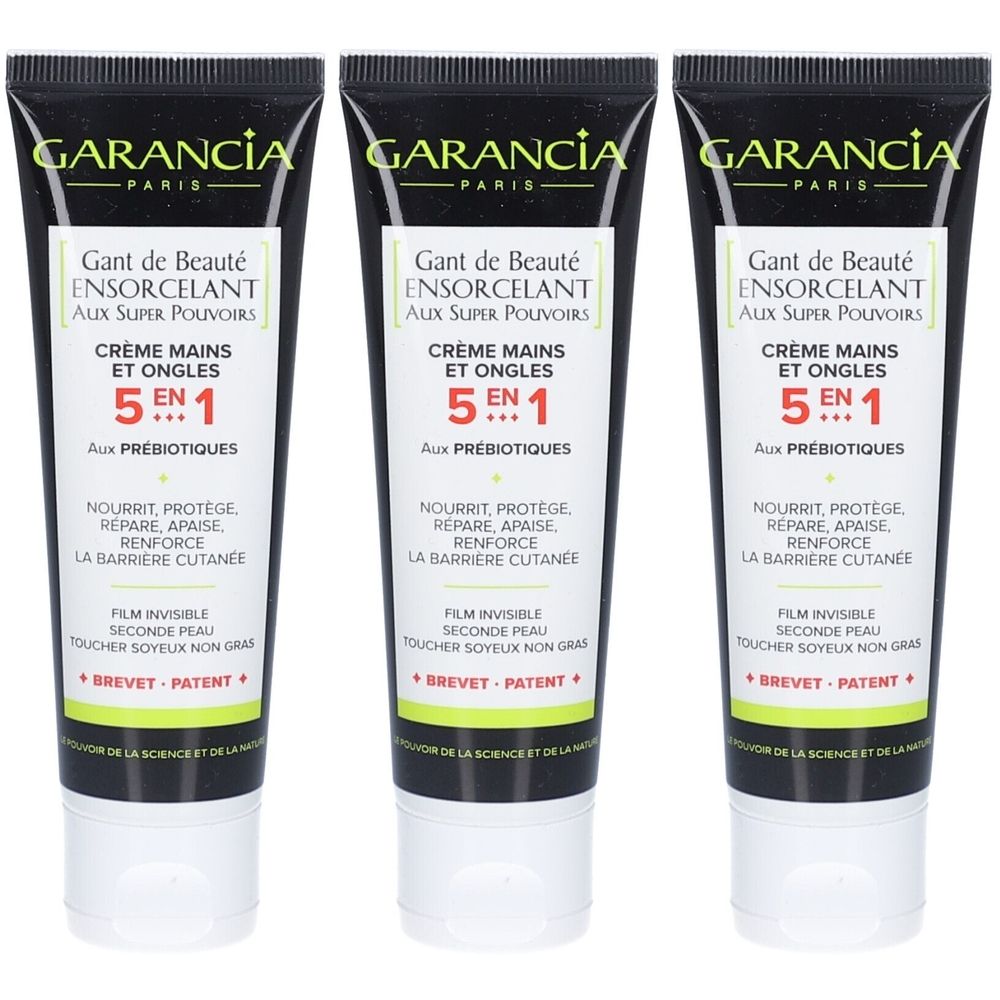 Drei Tuben GARANCIA Handcreme. Schwarze Kappe, weißer Tubenkörper, Produktbezeichnung und Logos in Weiß und Grün.