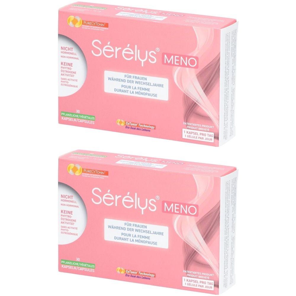 Deux boîtes roses avec l'inscription « Sérélys Meno ». Texte en allemand et en français. Inscription : « Pour les femmes pendant la ménopause ».
