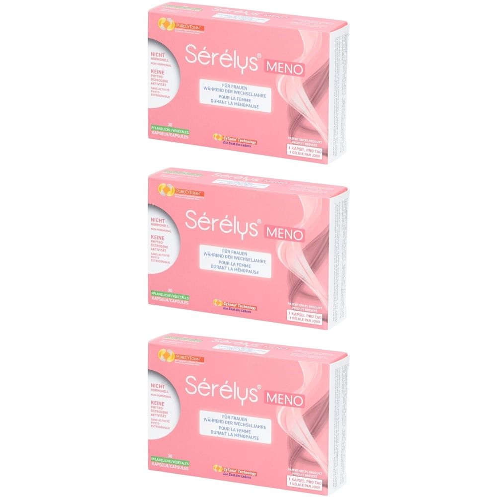 Trois boîtes roses "Sérélys Meno". Texte en allemand et français. Logo et informations produit imprimés sur l'emballage.