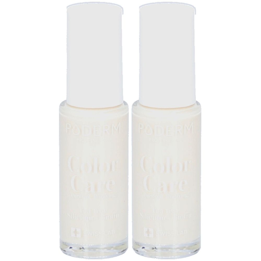 Deux flacons de vernis à ongles PODERM Color Care Blanc perlé. Flacons blancs avec bouchons blancs. Croix suisse.