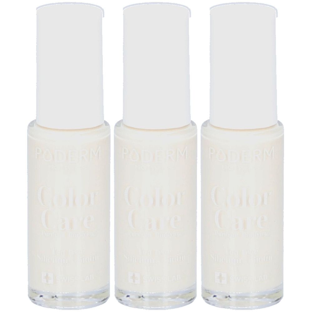 Trois flacons de PODERM Vernis Farbpflege Blanc perlé. Flacons blancs avec bouchons blancs. Inscription Color Care et PODERM.