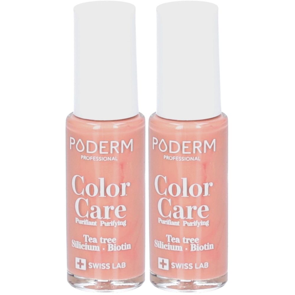 Deux flacons de vernis à ongles PODERM Color Care nude beige. Bouchon blanc, flacon rose avec texte. Logo Swiss Lab.