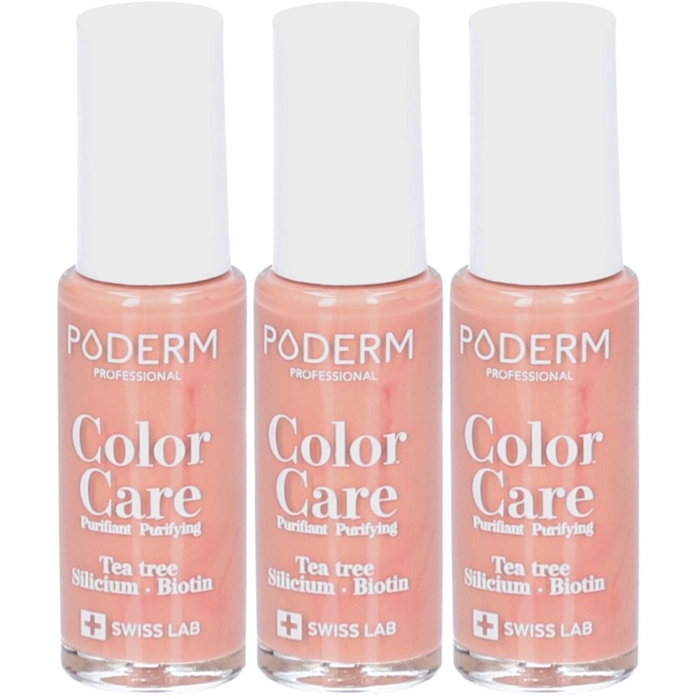 Trois flacons PODERM Color Care Nude beige. Bouchon blanc, flacon rose. Inscription: Tea tree, Silicium, Biotin, Swiss Lab.