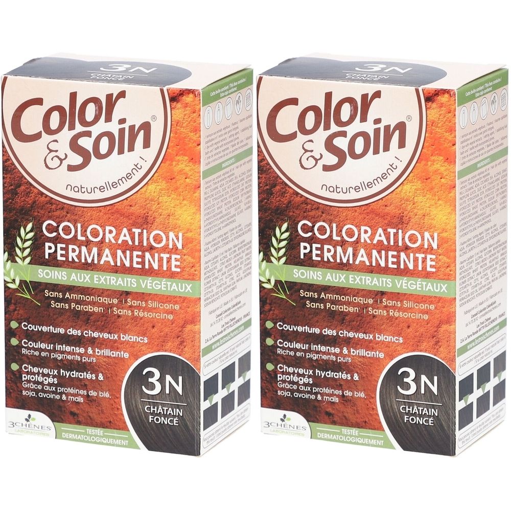 Deux boîtes de coloration Color & Soin. Inscription: Color & Soin, Coloration Permanente, 3N Châtain Fonce. Sans ammoniaque, silicone, parabène.