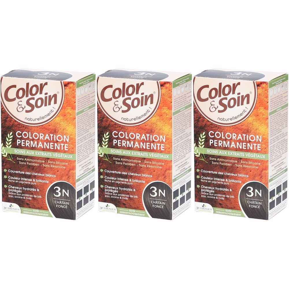 Trois boîtes de Color & Soin Coloration Permanente. Inscription : 3N Chatain Fonce. Soin aux extraits végétaux.