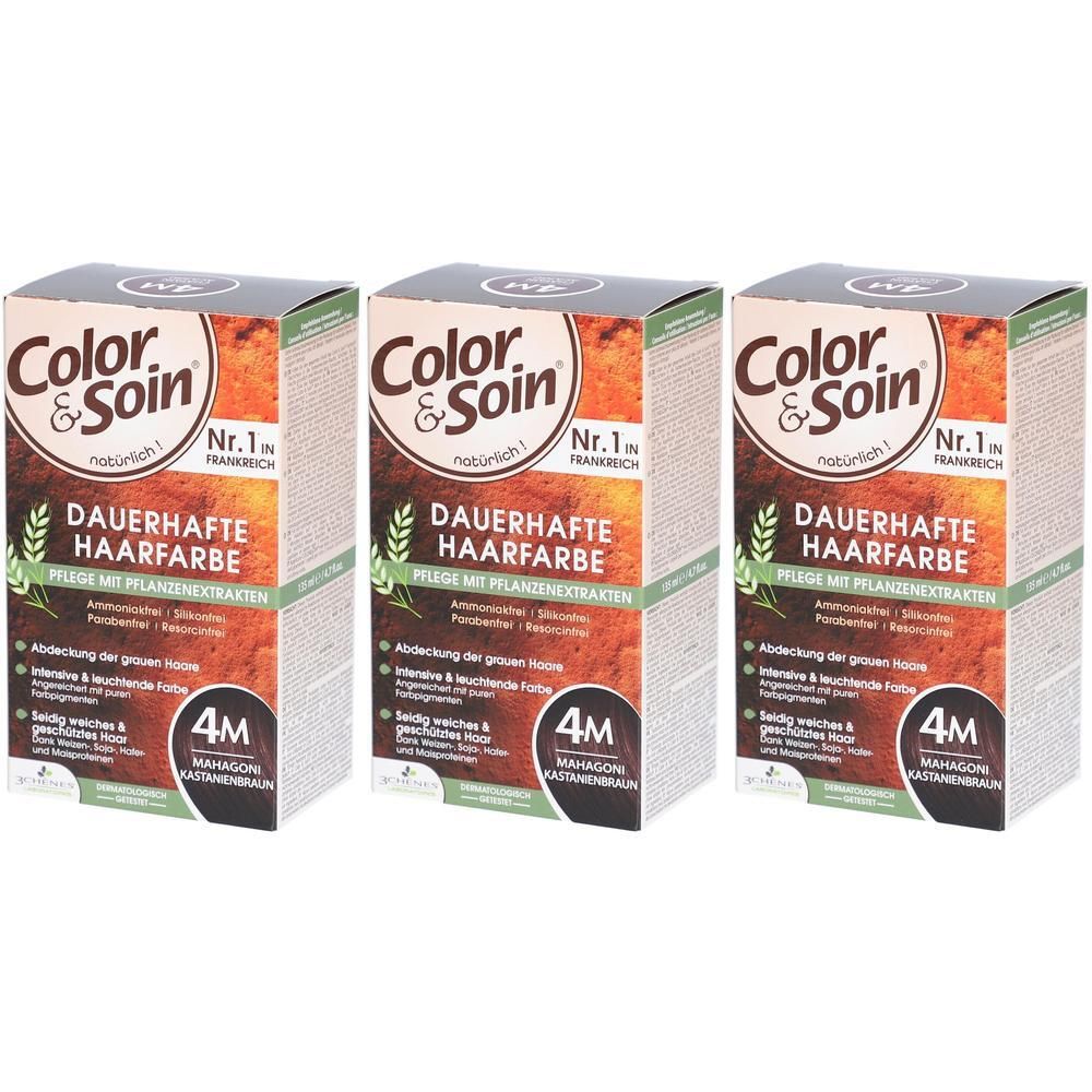 Trois boîtes de Color & Soin® coloration. Inscription: 4M acajou châtain. Avec extraits de plantes.