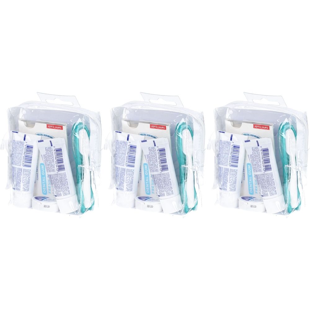 Drei kompakte Zahnpflegesets in transparenten Beuteln. Jedes Set enthält Zahnpasta, Zahnbürste und Zahnseide.