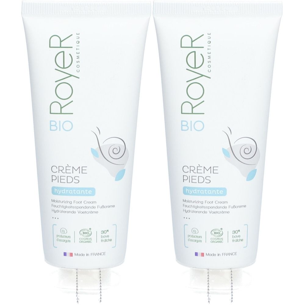 Deux tubes de crème pour les pieds. Tubes blancs avec logo et texte verts. Inscription : Crème Pieds hydratante. Avec label Bio.