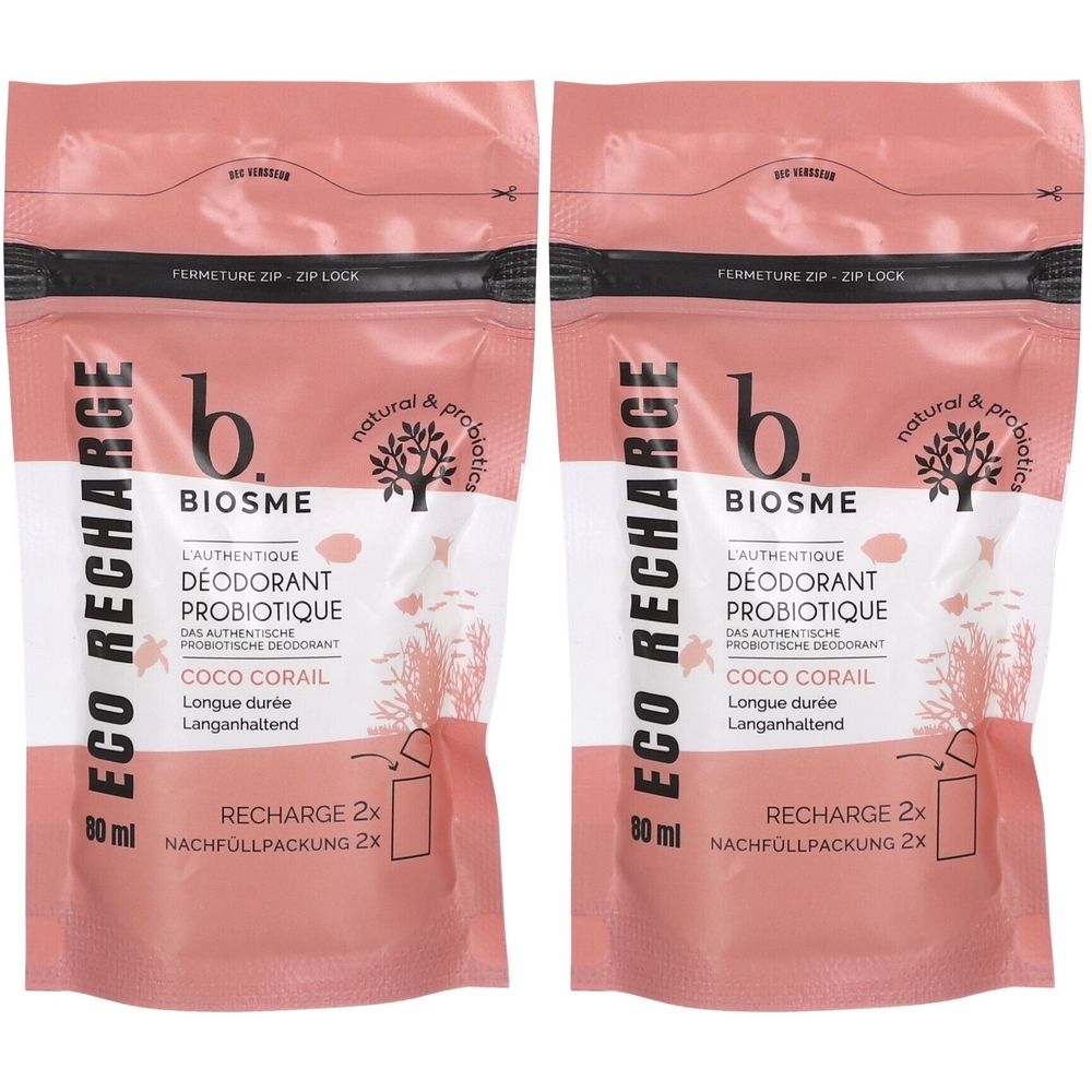 Zwei Nachfüllpackungen Deodorant. Rosa-weiße Beutel mit Reißverschluss. Aufdruck: BIOSME, Kokos-Koralle, probiotisch, 2x Nachfüllung.