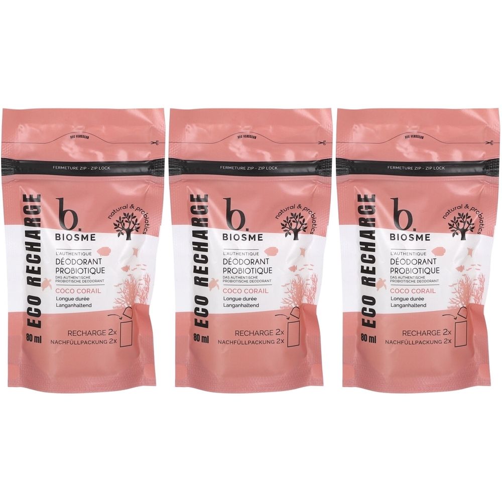 Drei Nachfüllpackungen. Rosa Beutel mit Reißverschluss. Aufschrift: BIOSME, Deodorant Probiotique, Coco Corail. ECO RECHARGE.
