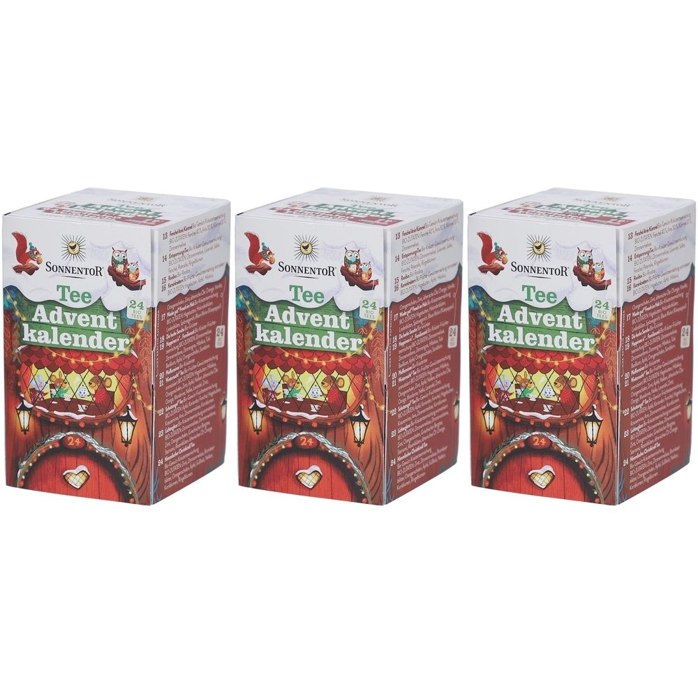 Drei quadratische Adventskalender-Boxen. Aufdruck: SONNENTOR Tee Adventskalender. Motiv: Haus mit Tür, Eichhörnchen.
