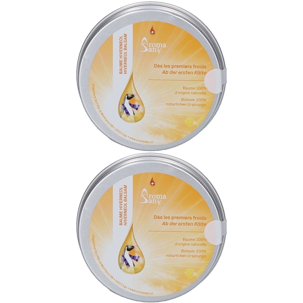 Zwei runde Metalldosen. Aufschrift: Aroma Sun, Baume Hivernéol Balsam. Text in Französisch und Deutsch. Aufkleber.