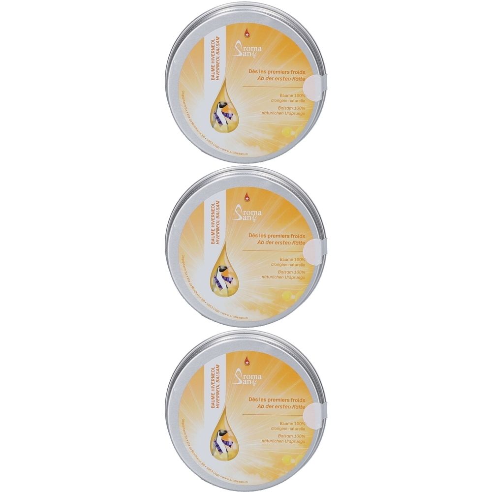 Drei runde, silberfarbene Dosen. Auf jeder Dose ein gelbes Etikett mit Tropfen-Motiv und Text. Aufschrift: Baume hivernal hydratant.