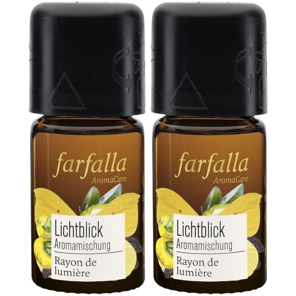 Zwei braune Glasflaschen mit schwarzen Deckeln. Auf den Etiketten steht "farfalla AromaCare Lichtblick Aromamischung".