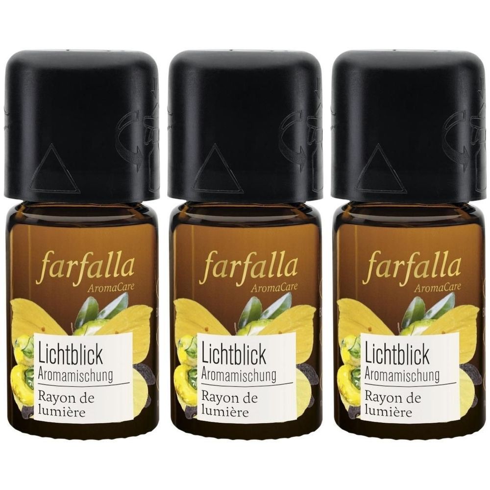 Drei kleine braune Glasflaschen mit schwarzen Deckeln. Auf den Etiketten steht "farfalla AromaCare Lichtblick Aromamischung Rayon de lumière".