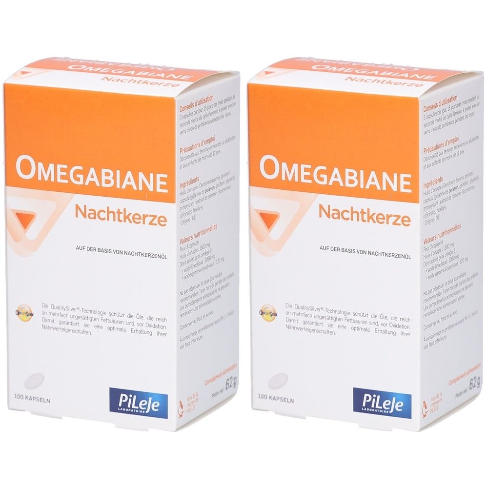 Zwei weiße Kartons mit orangefarbenem Deckel. Aufschrift: Omegabiane Nachtkerze. Marke Pileje. 100 Kapseln.