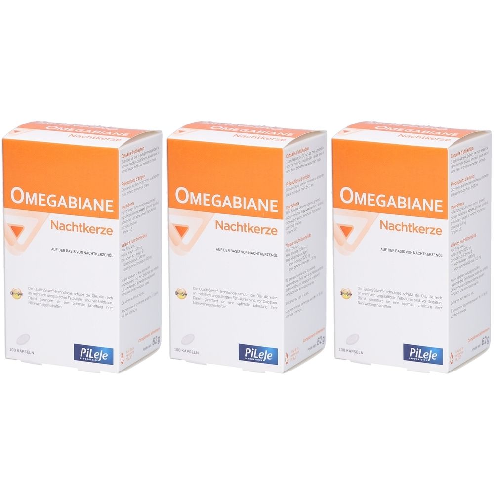 Drei Schachteln Omegabiane Nachtkerze. Weiße Schachteln mit orangefarbenem Deckel. Aufschrift: Omegabiane Nachtkerze, Pileje.