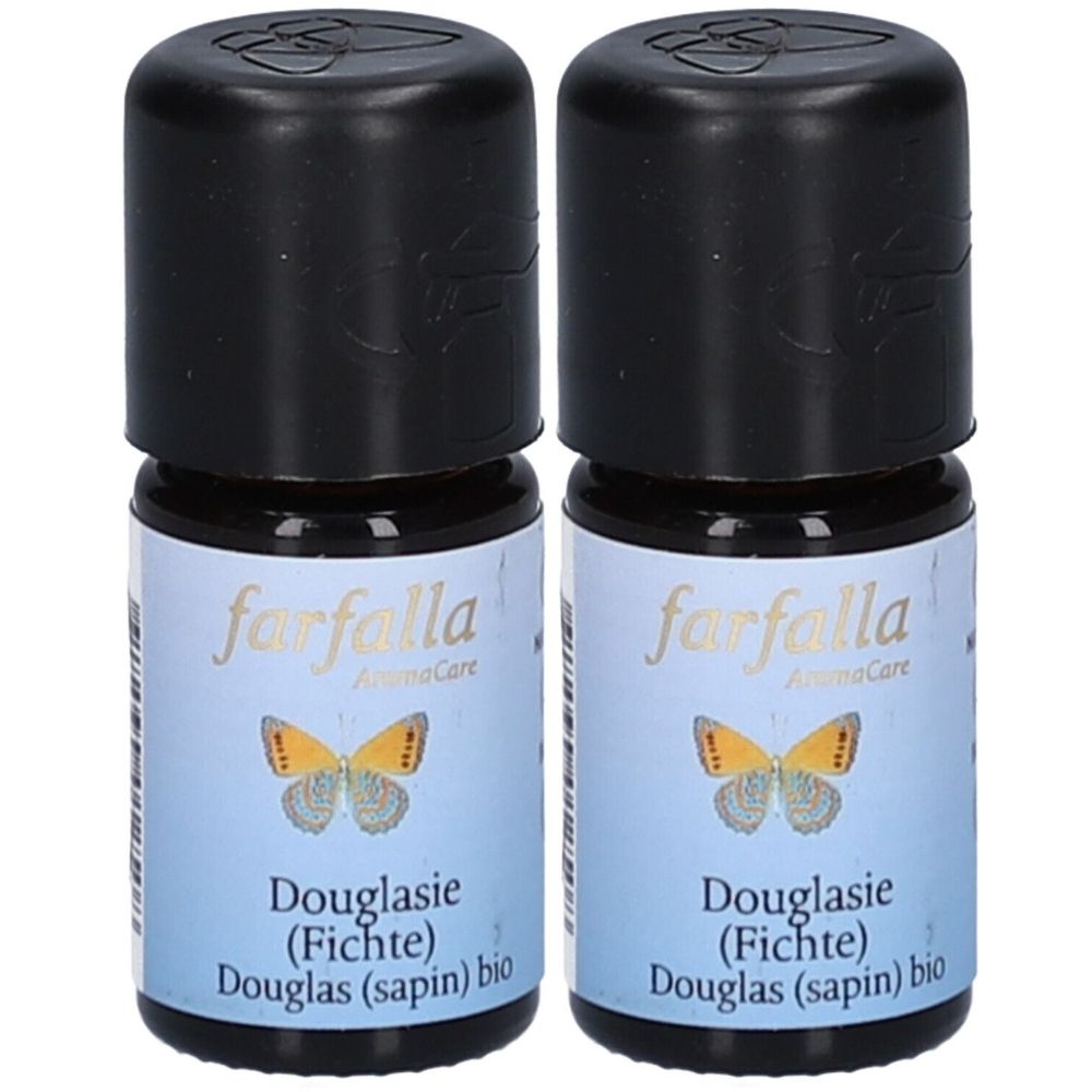 Zwei kleine Glasflaschen mit schwarzem Deckel. Auf dem Etikett steht "farfalla Aroma Care" und "Douglasie (Fichte) Douglas (sapin) bio".
