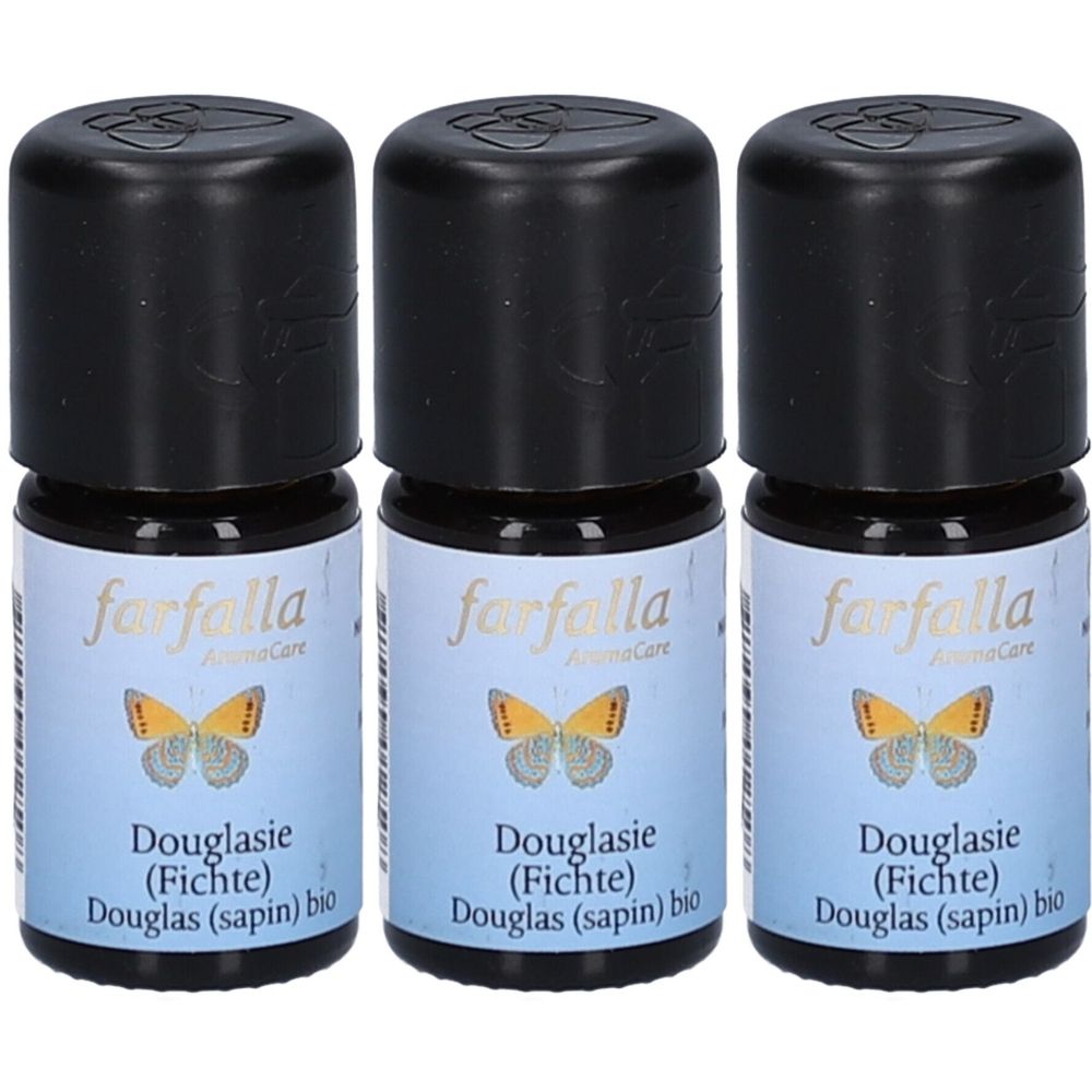 Drei kleine Flaschen mit schwarzem Deckel. Auf den Etiketten steht "Farfalla Douglasie (Fichte) bio" mit einem Schmetterling.