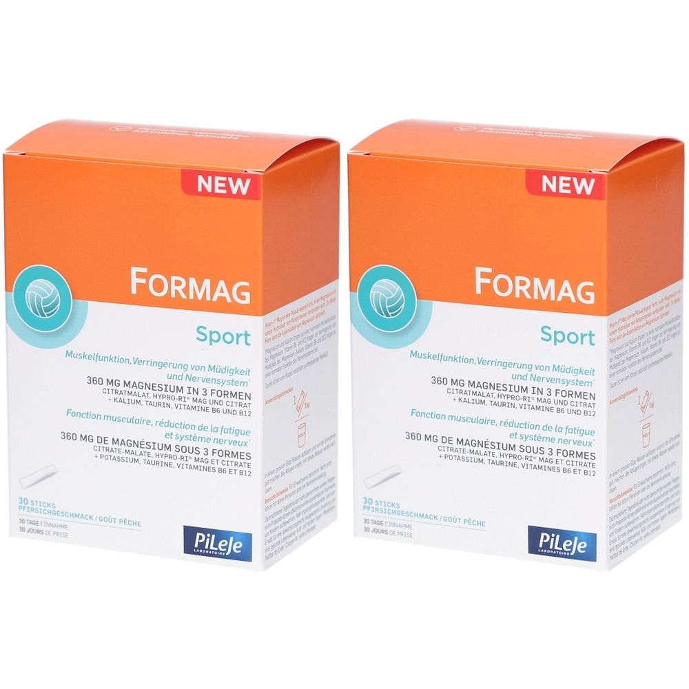 Zwei Kartons mit der Aufschrift "FORMAG Sport". Orangefarbene Oberseite, weißer Untergrund. Text in Deutsch und Französisch.