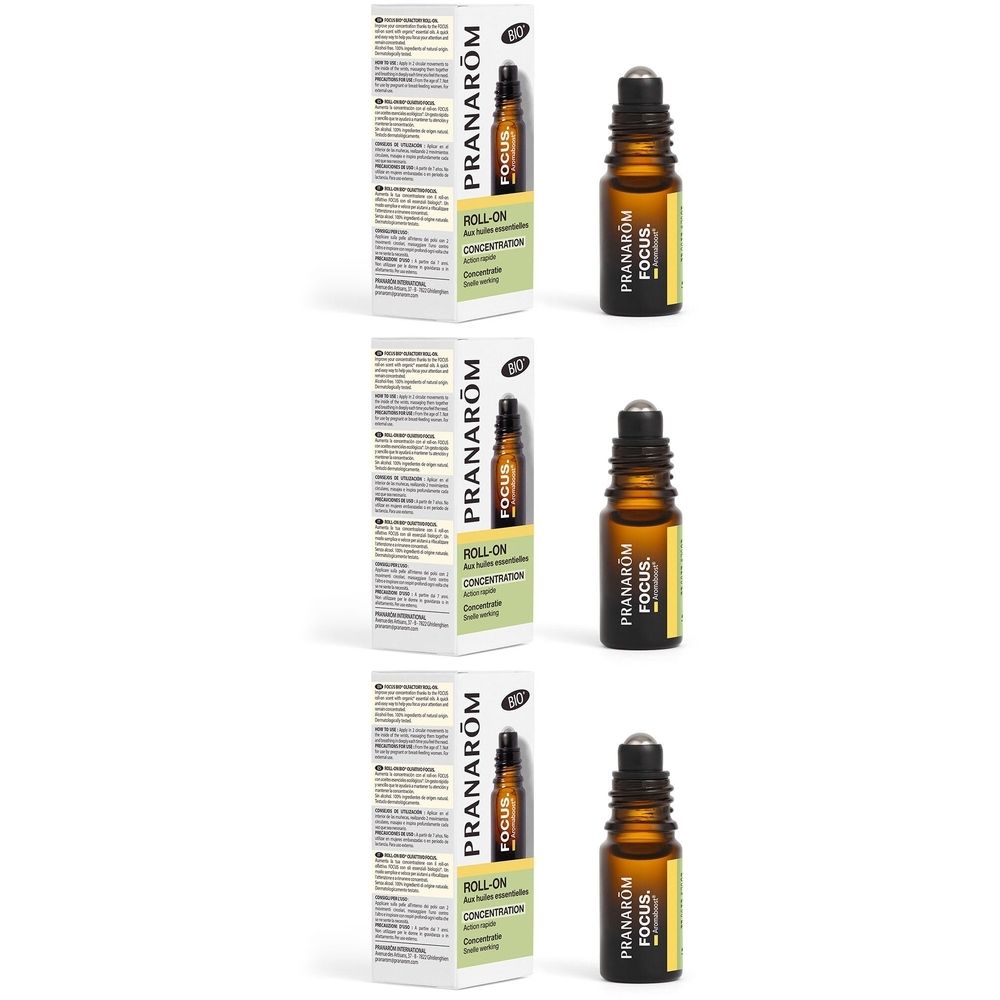 Drei Flaschen mit Roll-On-Applikator und Verpackungen. Auf den Flaschen steht "PRANAROM FOCUS". Auf den Verpackungen steht "ROLL-ON".