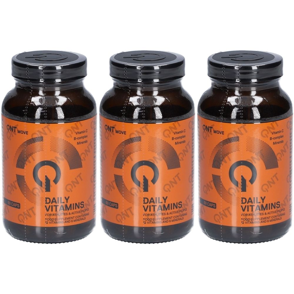 Trois flacons en verre brun avec des couvercles noirs. Les étiquettes indiquent "QNT MOVE Daily Vitamins".