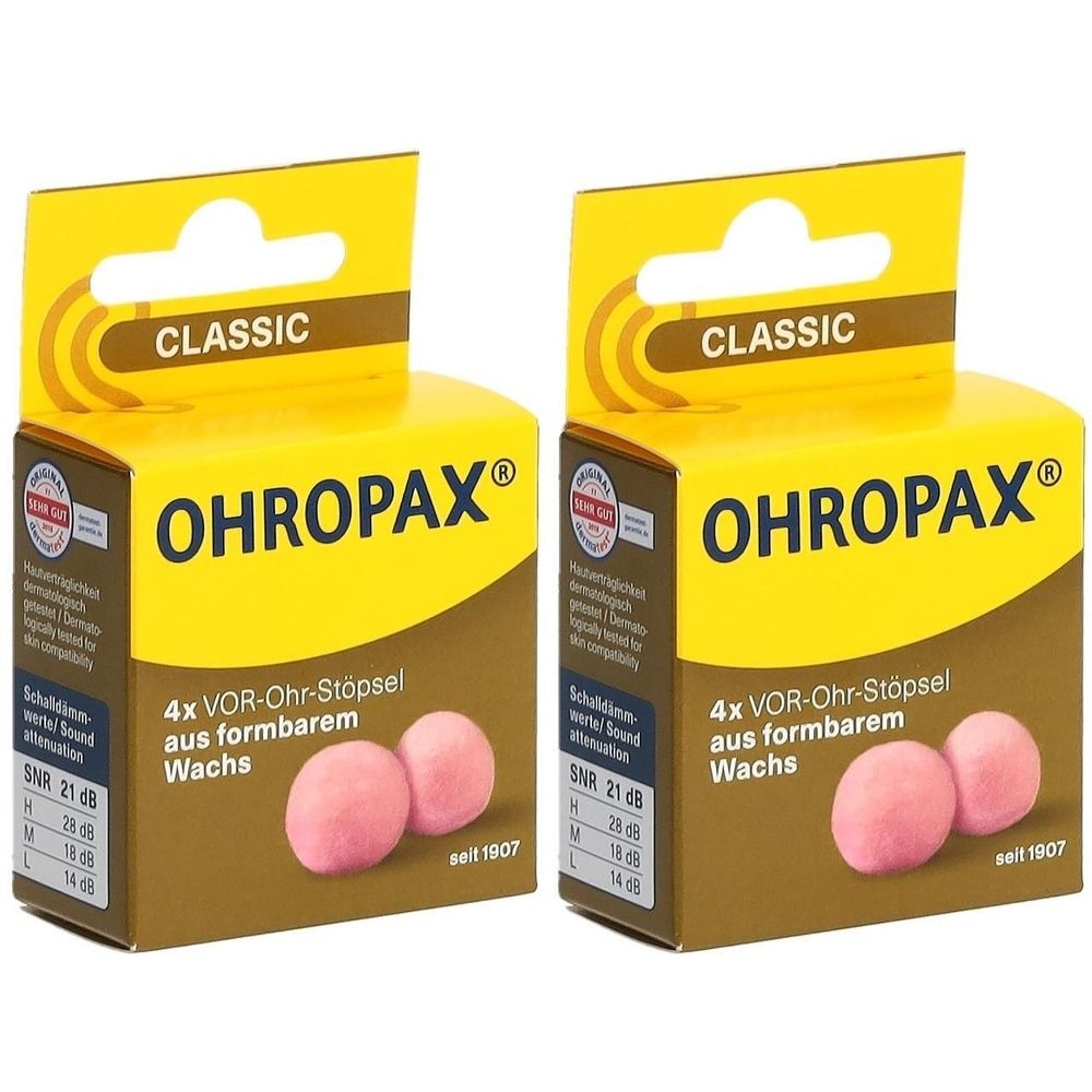 Deux boîtes de bouchons d'oreille OHROPAX Classic. Emballage jaune avec des accents marron. Montre des bouchons d'oreille en cire rose.