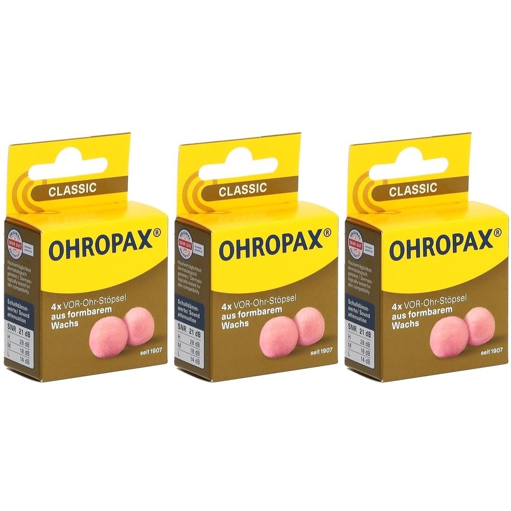 Trois boîtes de bouchons d'oreille OHROPAX Classic. Chaque boîte contient deux bouchons d'oreille roses, dans un emballage jaune et marron.