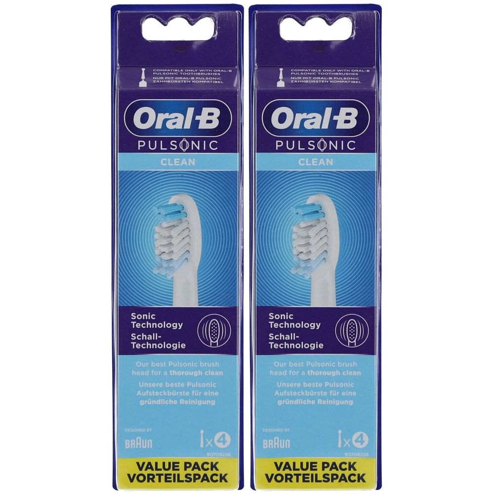 Zwei Packungen Oral-B Pulsonic Clean Aufsteckbürsten. Blaue und weiße Borsten. "Value Pack" und "Schall-Technologie" sind auf der Verpackung zu sehen.