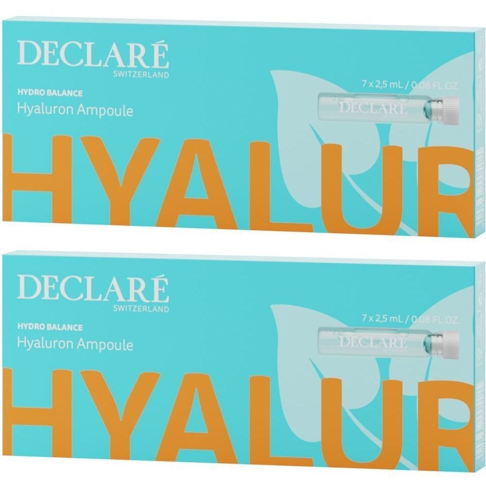Deux boîtes d'ampoules DECLARÉ Hyaluron. Emballage bleu turquoise avec lettrage orange HYALUR. Contient 7 ampoules chacune.