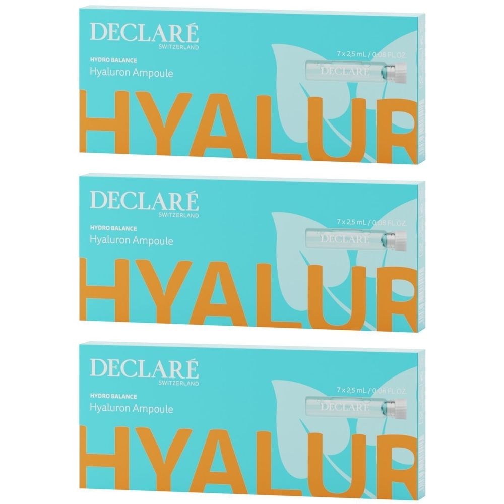 Trois boîtes de DECLARÉ Hyaluron Ampoule. Emballage bleu turquoise avec texte blanc et image du produit. Contient des ampoules.
