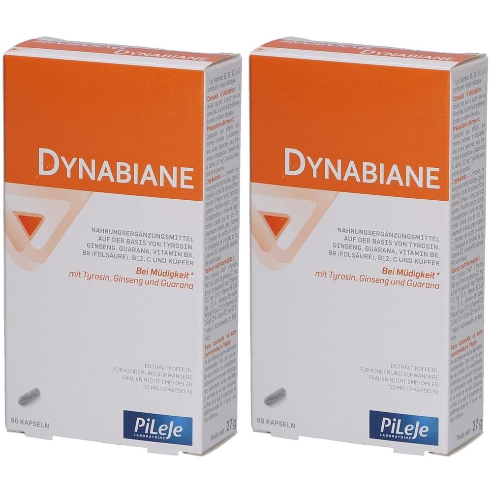 Deux boîtes blanches avec couvercle orange. Inscription: Dynabiane. Contient de la tyrosine, du ginseng et du guarana. Marque: PiLeje.