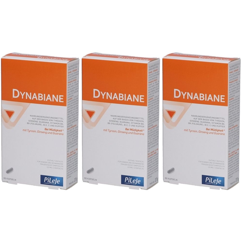 Drei Schachteln mit der Aufschrift Dynabiane. Orangefarbener Deckel, weißer Korpus. Text: Bei Müdigkeit, mit Tyrosin, Ginseng und Guarana. Marke Pileje.