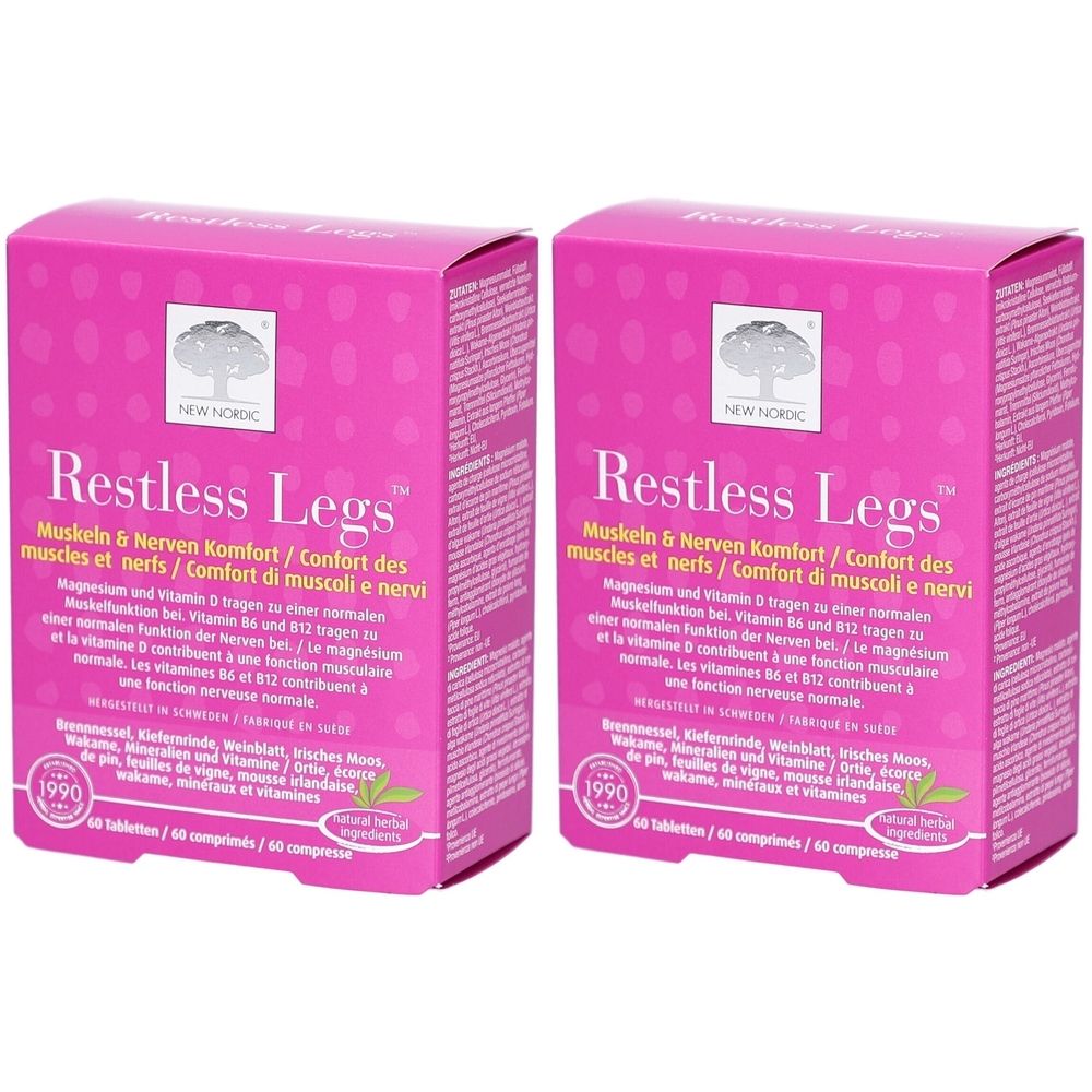Zwei rechteckige, pinkfarbene Schachteln. Aufschrift: Restless Legs, New Nordic. Text in Deutsch, Französisch und Italienisch. 60 Tabletten.