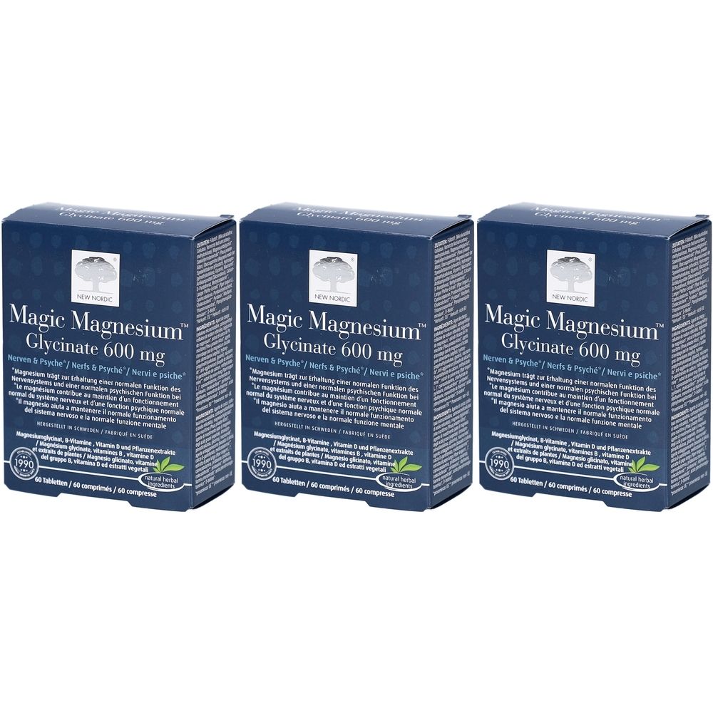Drei Schachteln mit der Aufschrift "Magic Magnesium Glycinate 600 mg". Blaue Verpackung mit weißer Schrift und Logo.