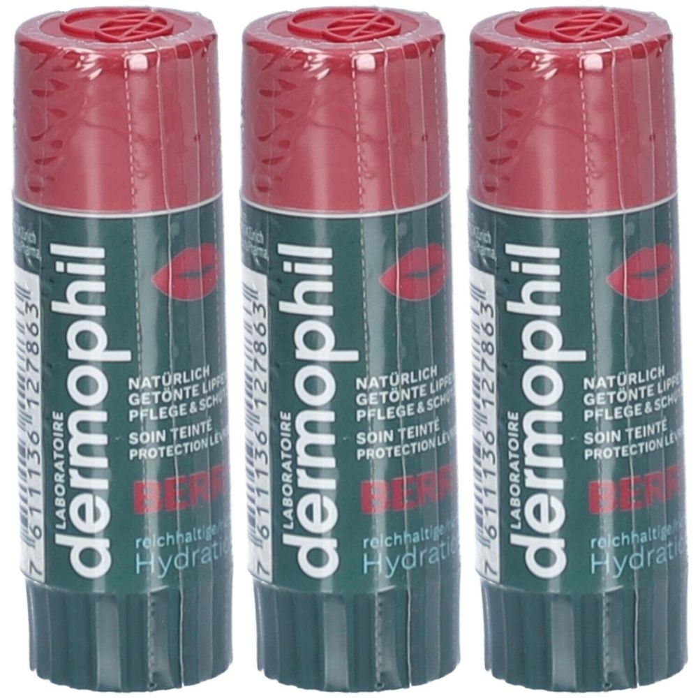 Drei Lippenpflegestifte mit roter Kappe und grüner Hülle. Aufschrift: Dermophil, Berry. Text in Deutsch und Französisch.